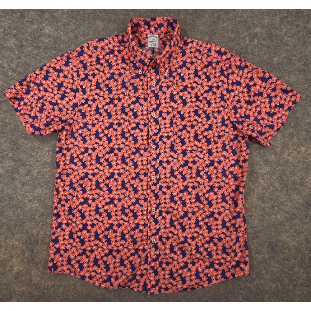Brooks Brothers 1818 Mens Large Floral Short Sleeve Button Down Shirt Navy Red
